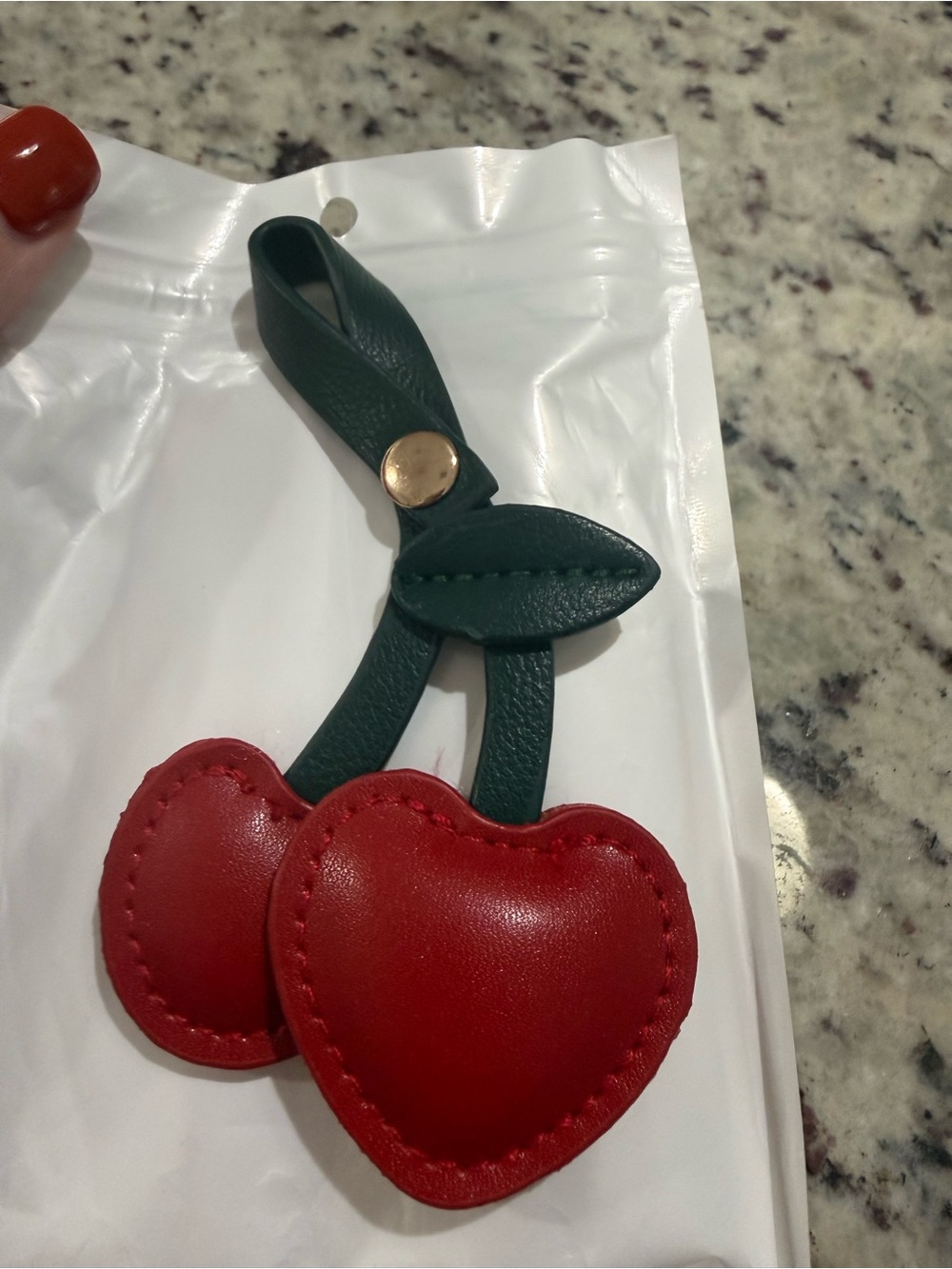 Amazon Red Cherry Leather Bag charm with Green Stem